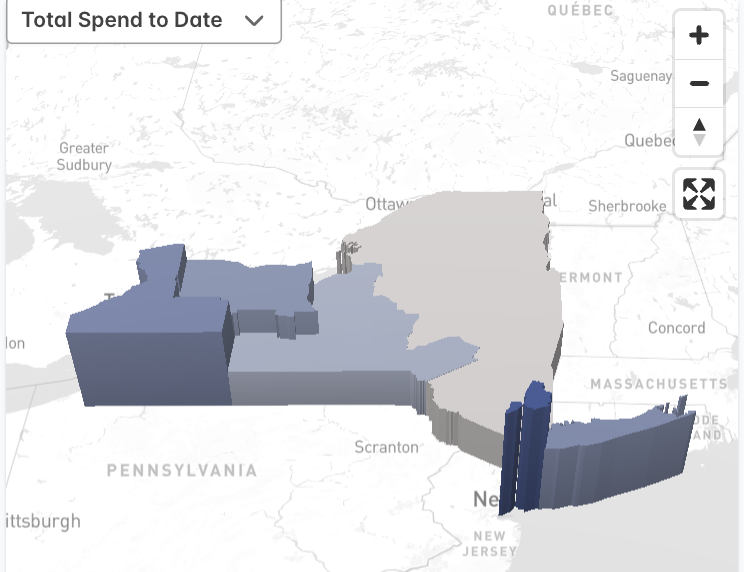 3D map of Total Spend to Date across New York State — extruded by region with downstate detail