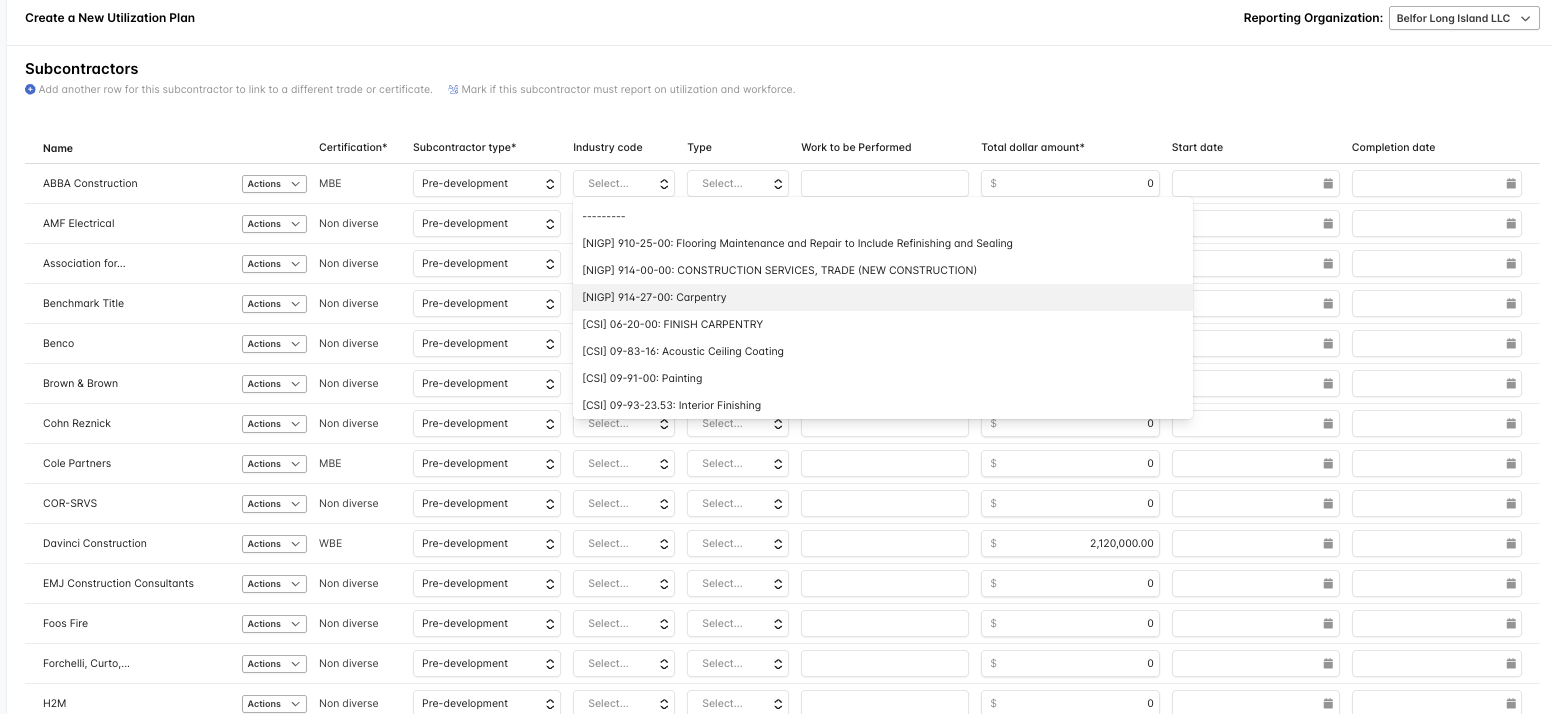 Utilization Plan row with NAICS/NIGP/CSI code dropdown auto-populated from the firm's certification