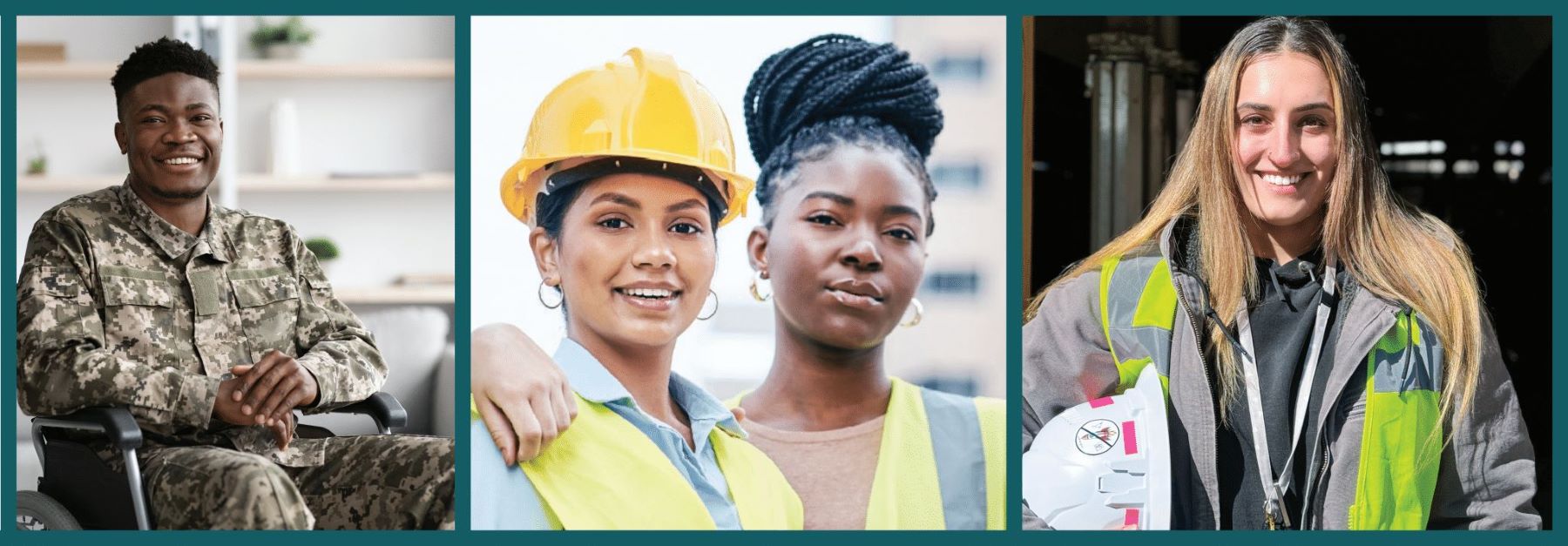 Three portraits illustrating MWBE and SDVOB participation — a service‑disabled veteran, two MWBE construction workers, and a woman in workwear