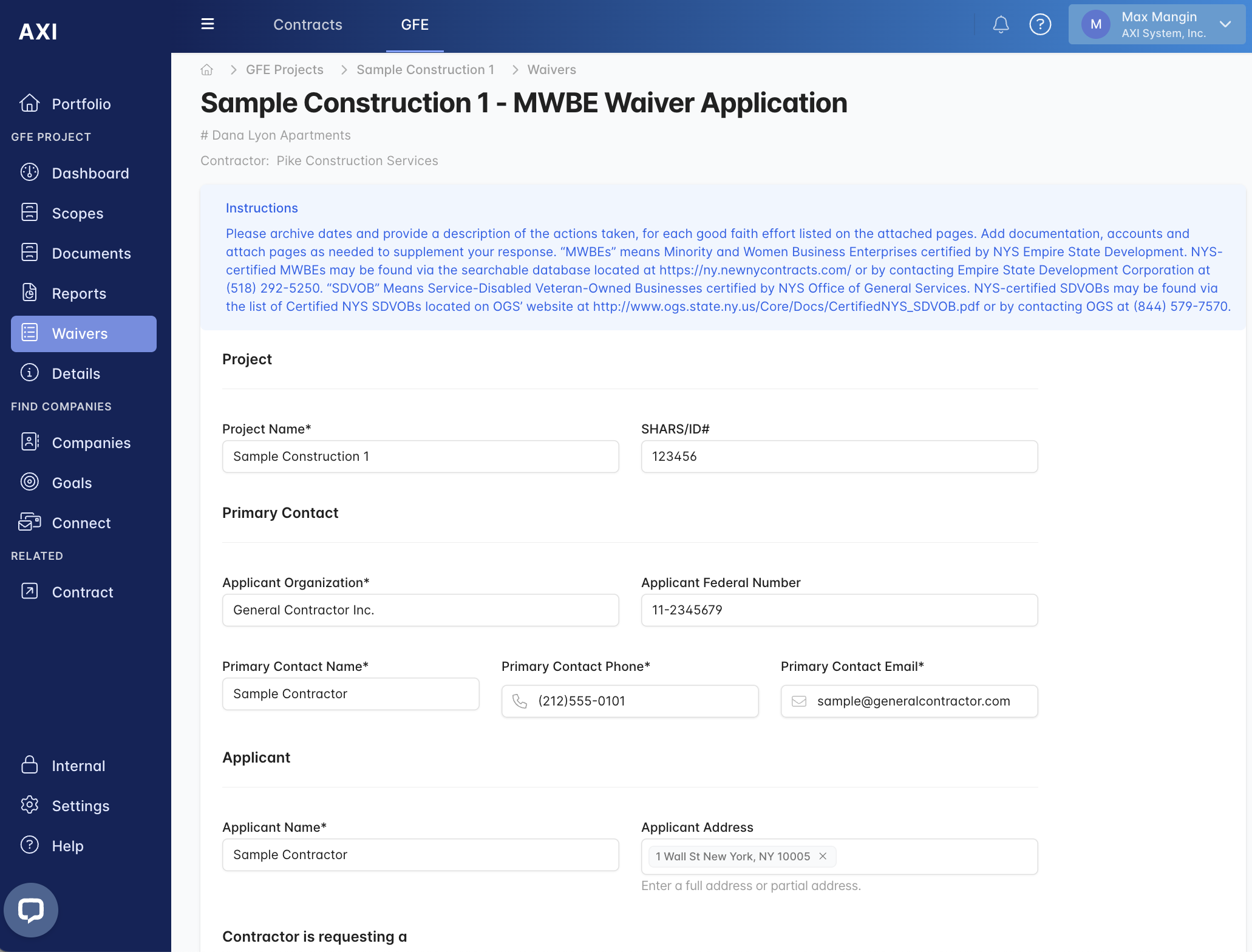AXI Waiver Wizard — MWBE Waiver Application screen with Instructions, Project, Primary Contact, and Applicant sections