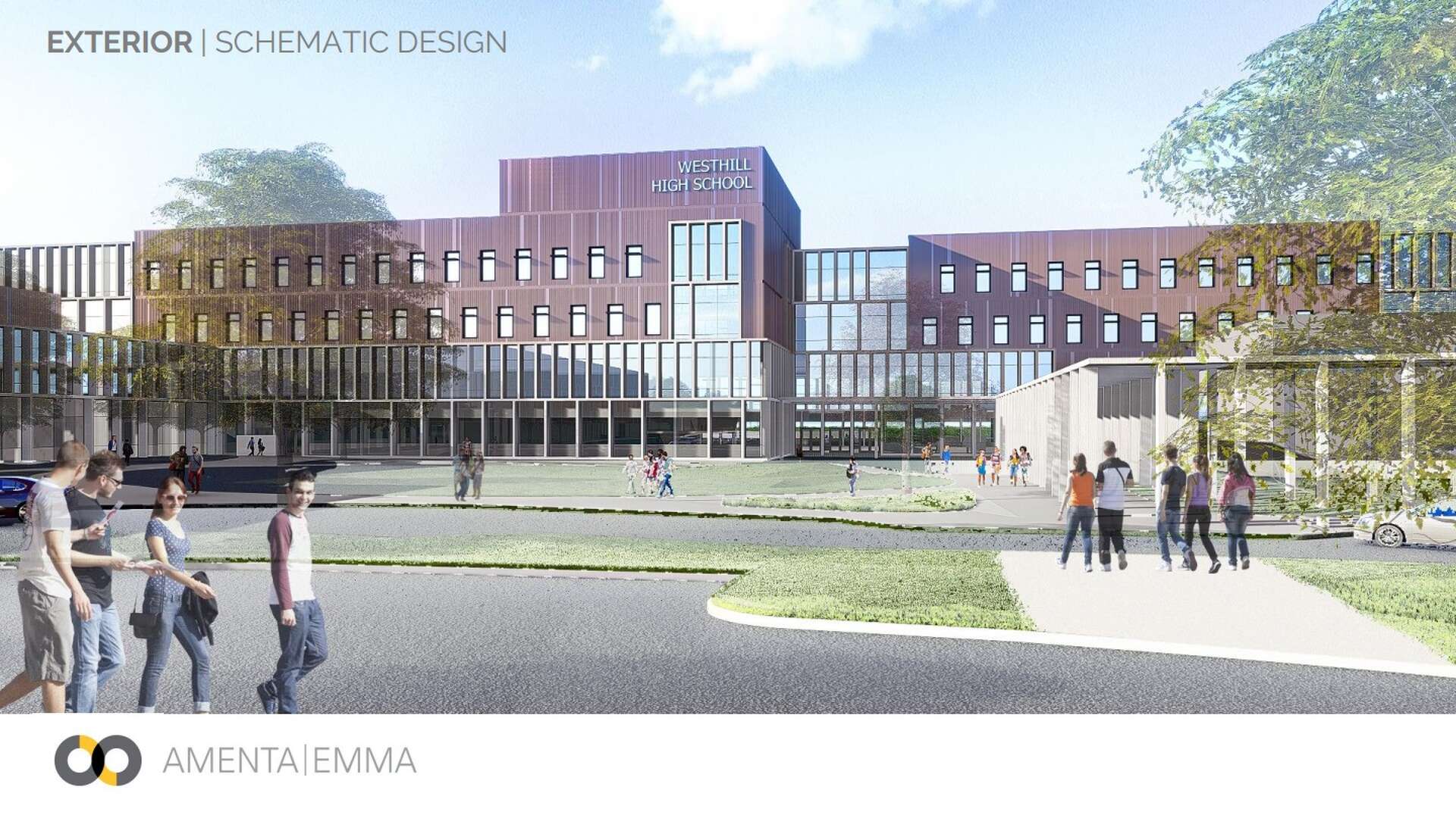 Westhill High School — exterior schematic design rendering by Amenta Emma